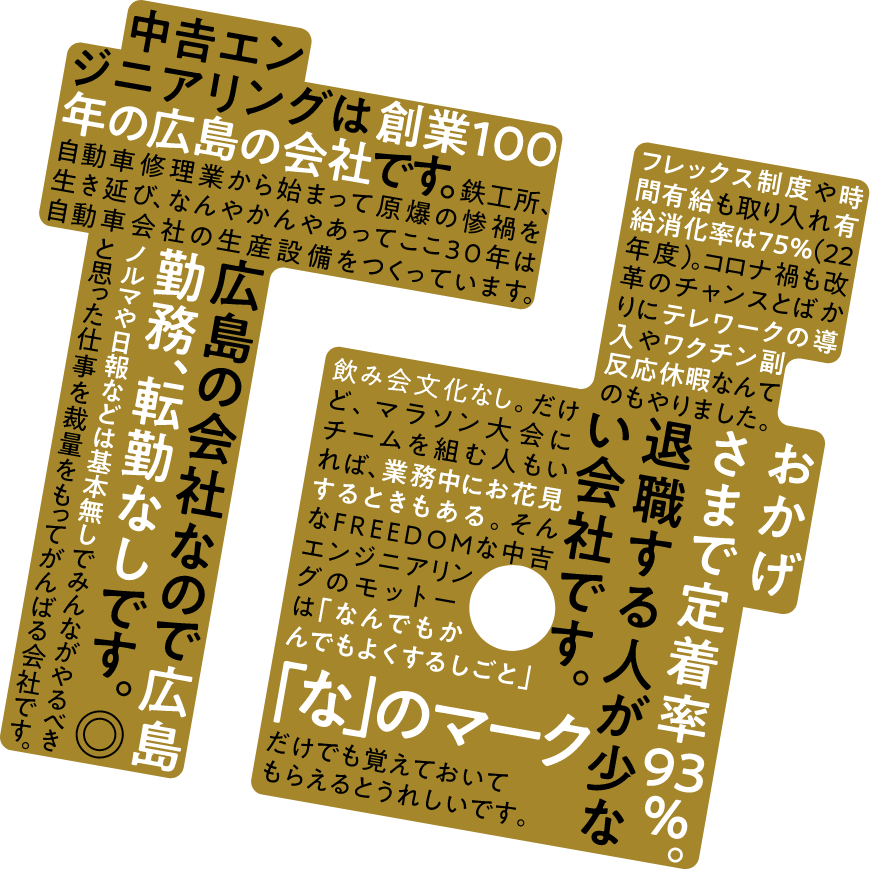 中吉エンジニアリングは創業100年の広島の会社です。鉄工所、自動車修理業から始まって原爆の惨禍を生き延び、なんやかんやあってここ30年は自動車会社の生産設備を作っています。
